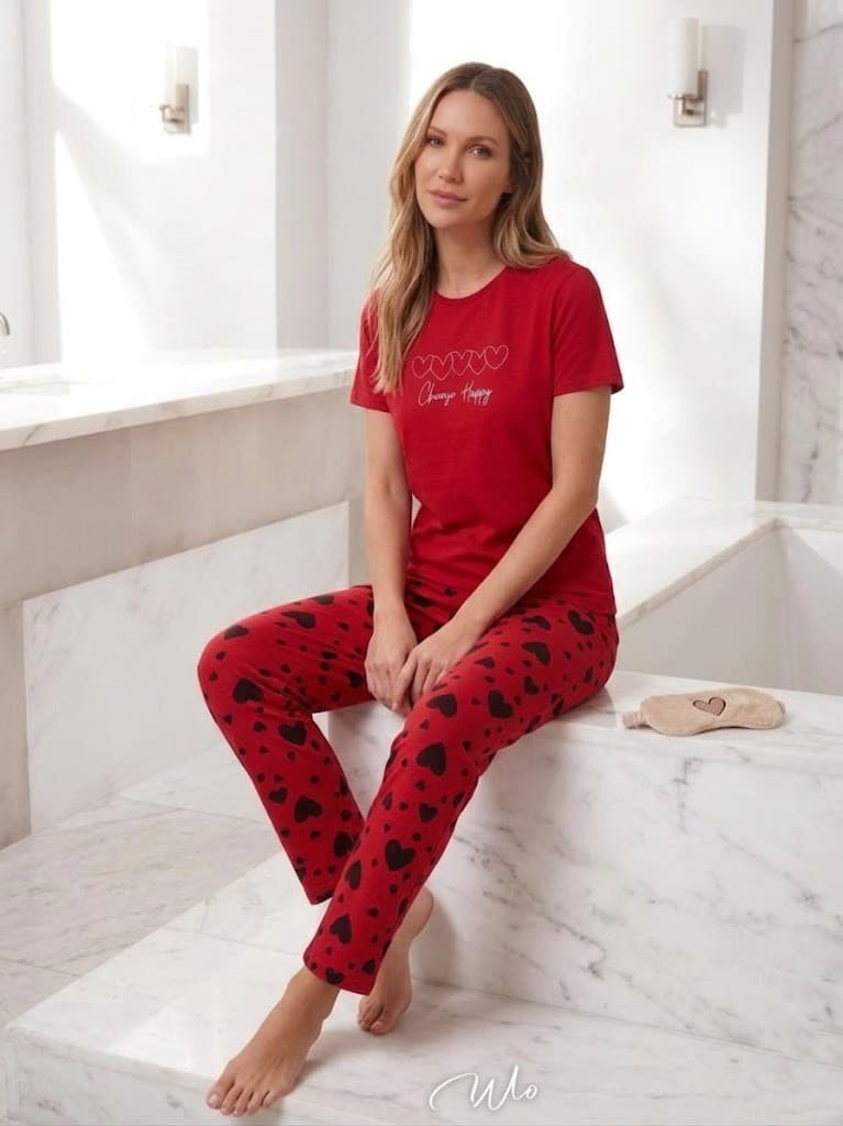 Kadın Kırmızı Kalp Desenli Kısa Kollu Pijama Takımı